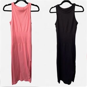 OQQ 2-Piece Ribbed Midi Dress Bundle - Black & Pink - Size M
